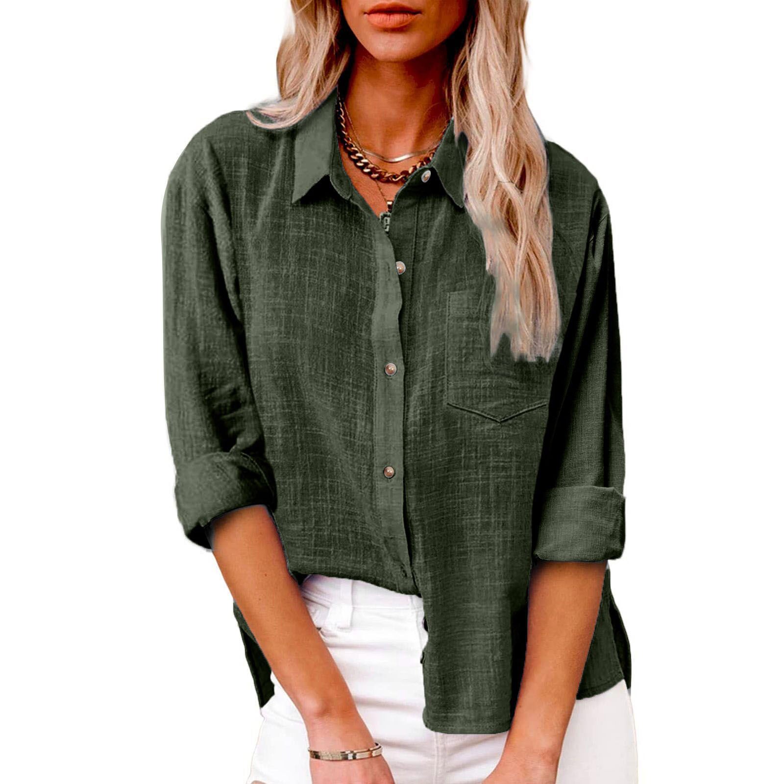 thumbnail image 2 of Camisa informal de manga larga con botones para mujer: cuello en V, tejido de punto, mezcla de spandex, primavera/otoño, multicolor, tallas S-XXL, 2 of 6